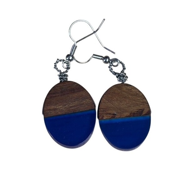 Jewelry - Handmade Wood and Blue Resin Oval Drop Earrings Silver Tone French Wire Dangles